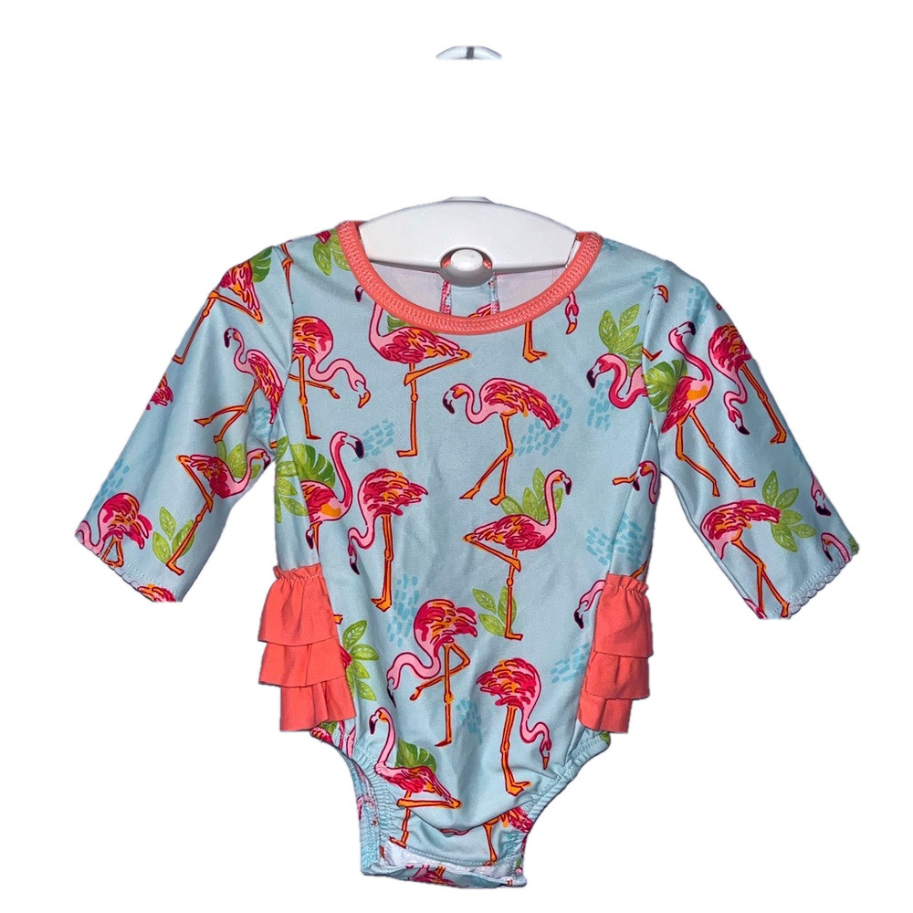 Girls Mud Pie Flamingo Rashguard Swimsuit Long sleeve Pink Ruffled back 3-6